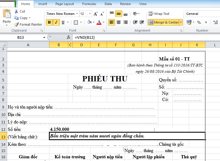 lập công thức số tiền bằng chữ trong excel