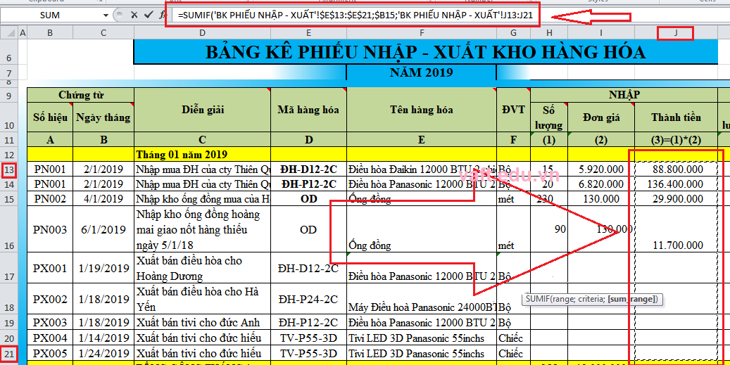 hàm sumif trong excel