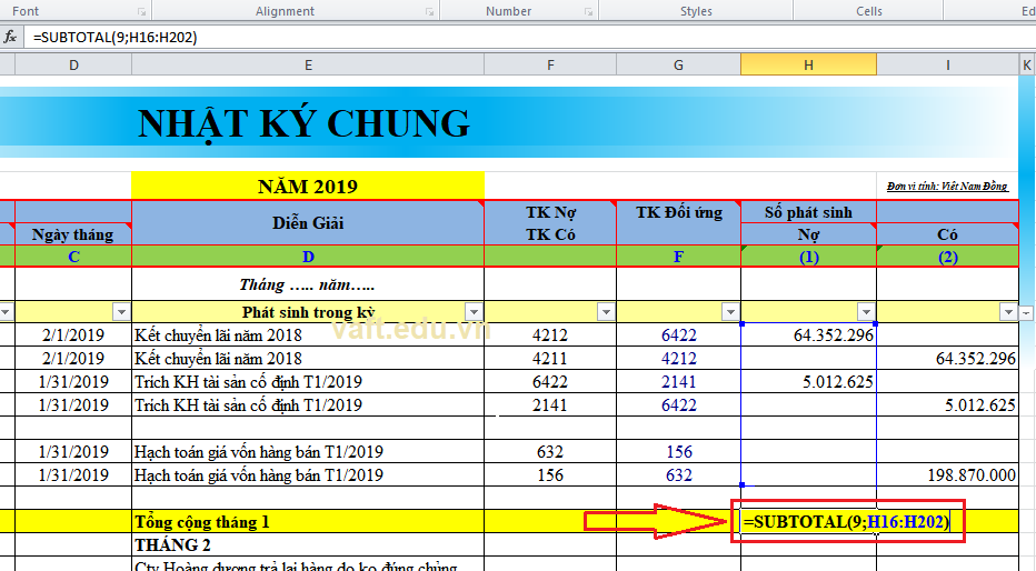 hàm subtotal trong excel