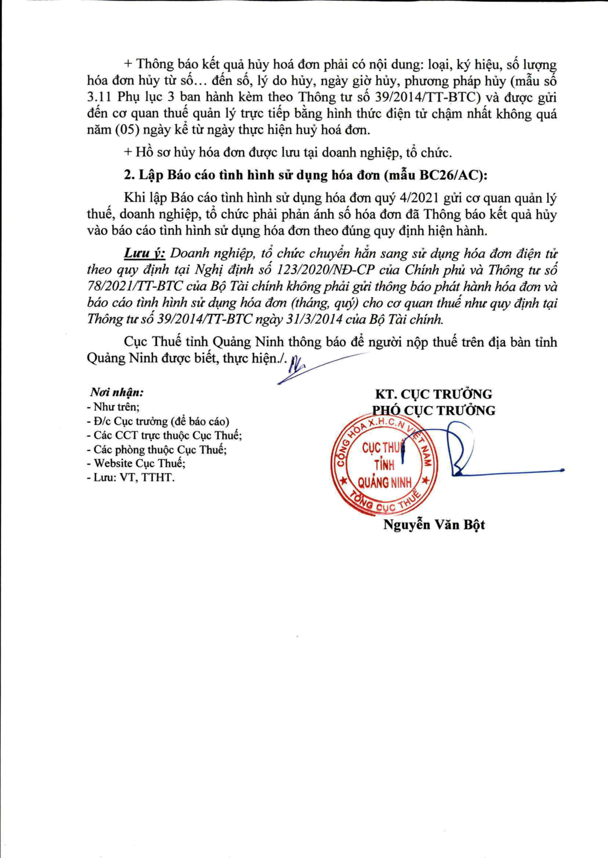 Công văn 9527/CTQNI-TTHT ngày 24/11/2021 của Cục thuế Tỉnh Quảng Ninh hướng dẫn hủy hóa đơn giấy