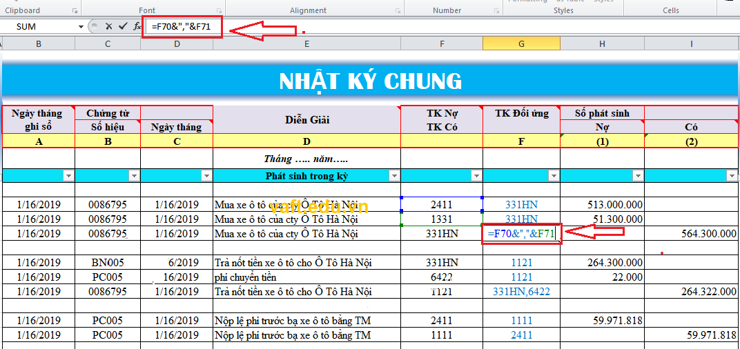 cách lập sổ nhật ký chung trên excel