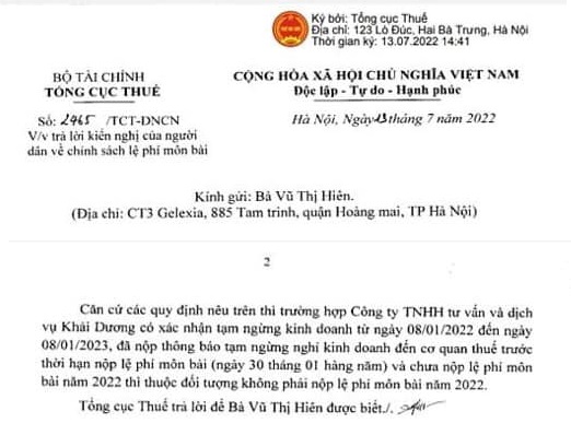 lệ phí môn bài khi tạm ngừng kinh doanh